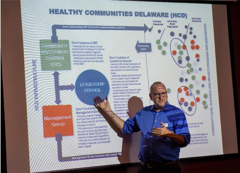 A man gives a presentation at Healthy Communities Delaware