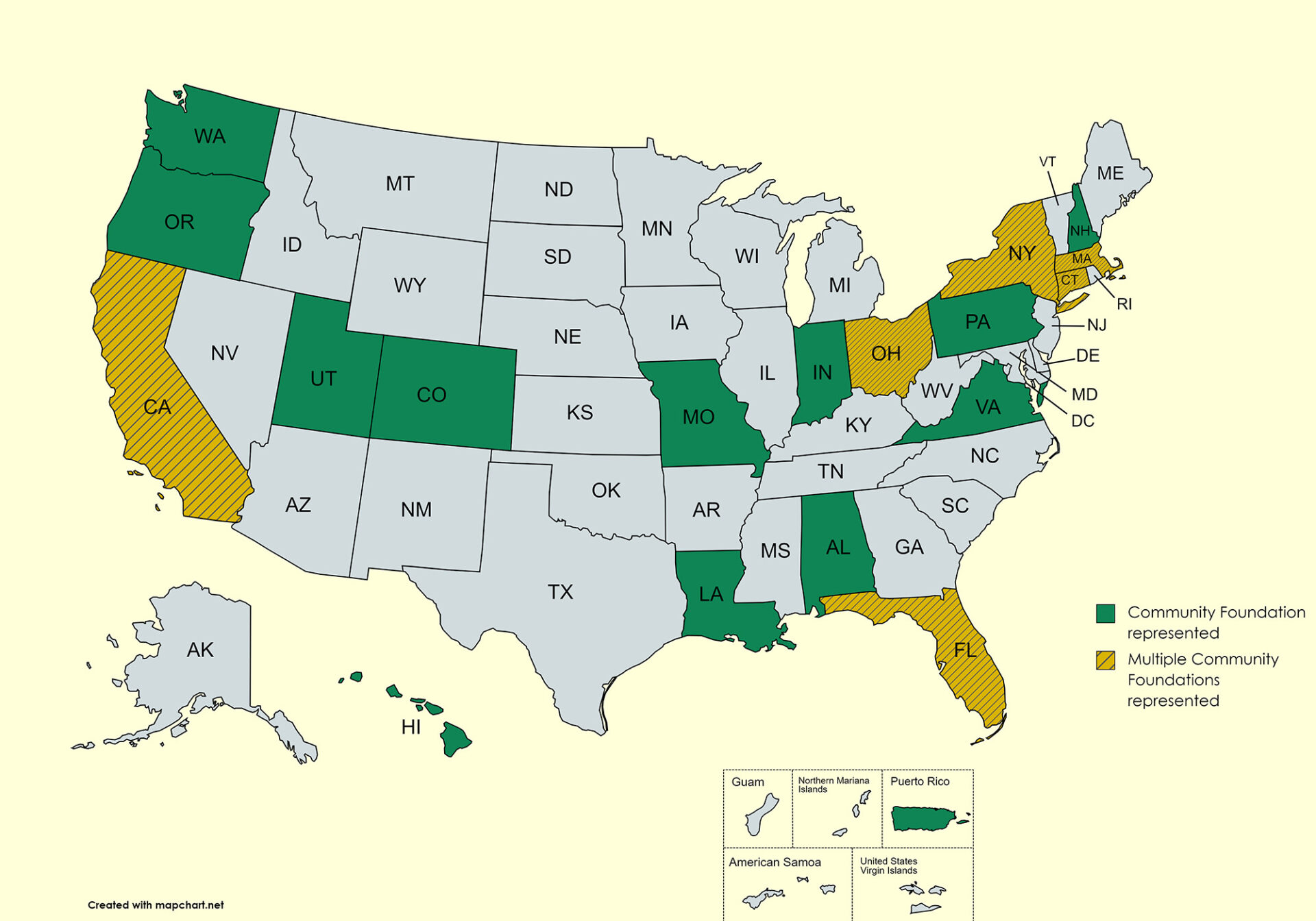 map representing states with community foundations