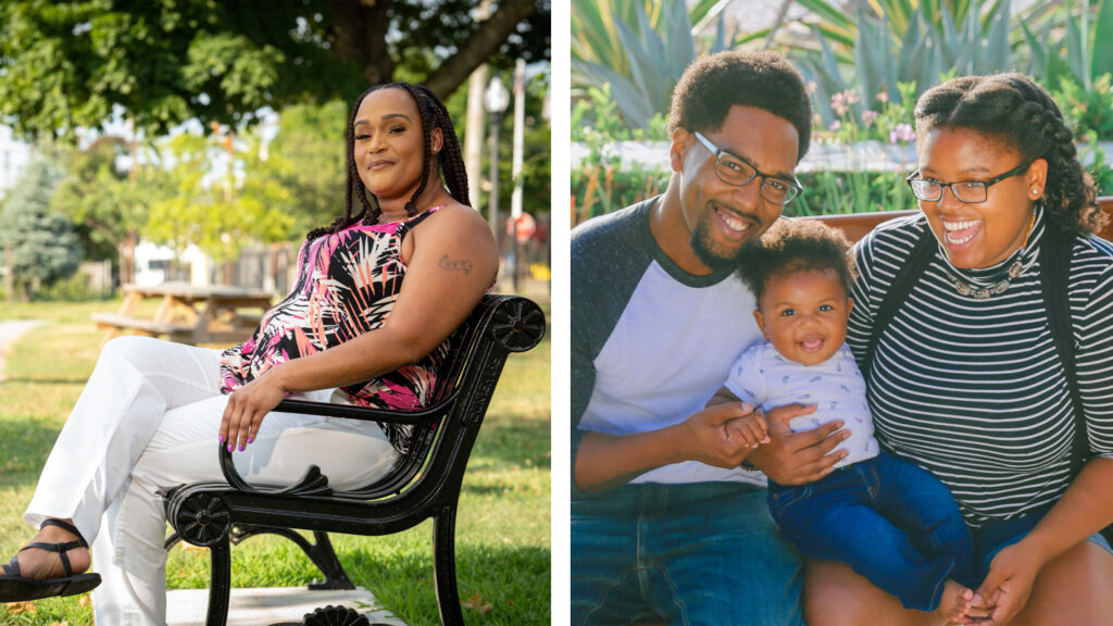 two images: (left) a woman sitting on a park bench; (right) Father, mother and infant smiling