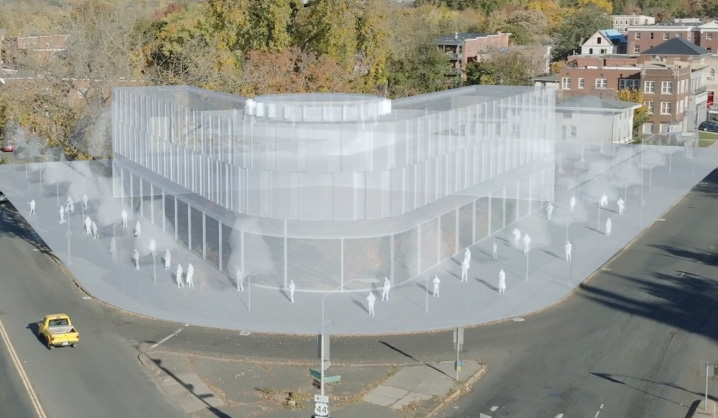 A rendering of the new Foundation headquarters overlaid on the future location